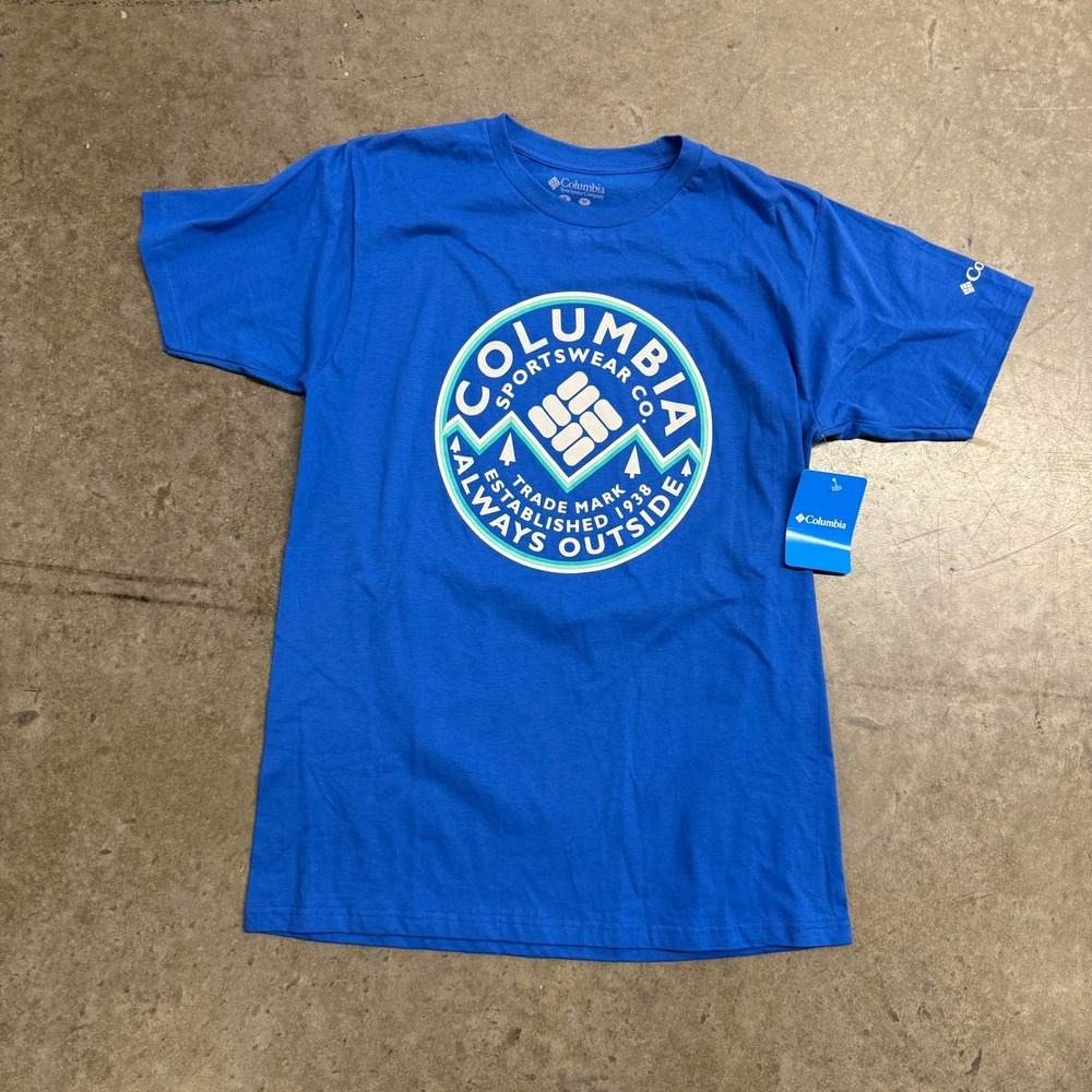 Columbia‎ Mens Blue Graphic T-Shirt Always Outside Mountain Logo Size M NWT